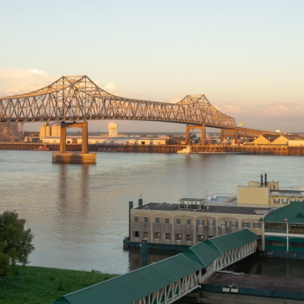 The Horace Wilkinson Bridge cantilever design carrying Interstate over the river